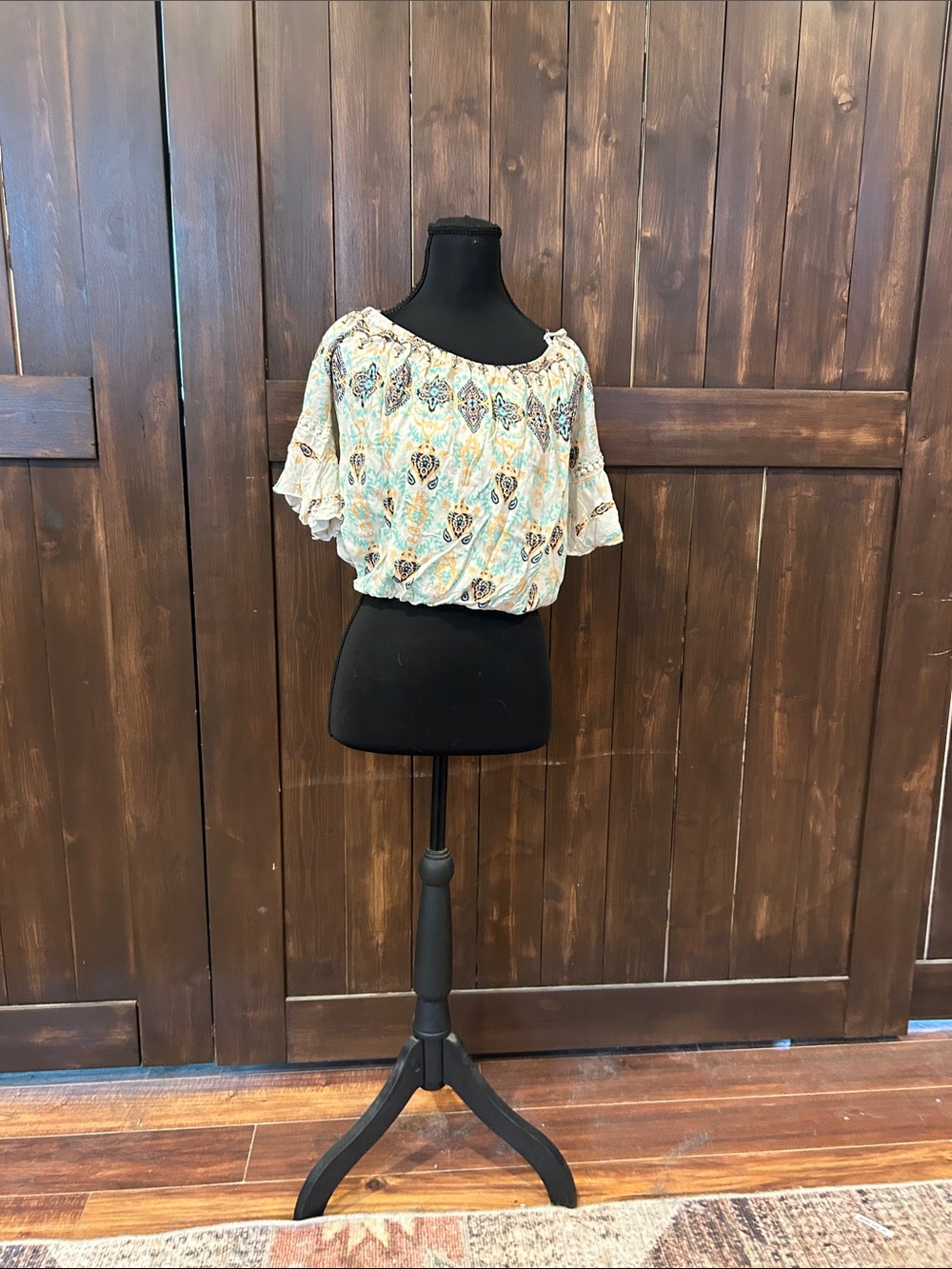 Boho Off-Shoulder Floral Blouson Top - Light Aqua